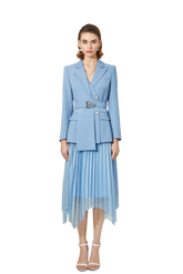 Light Blue V-neck With Pleated Skirt Blazer Skirt Suits - FashionByTeresa